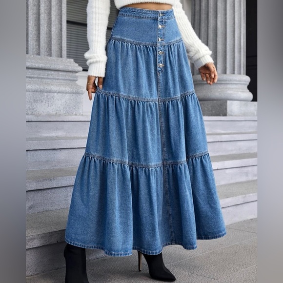 Denim Tiered Layered Long Skirt - Picture 4 of 4